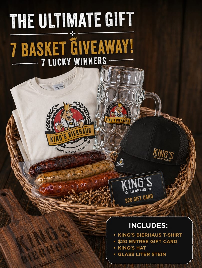 King's Bierhaus gift basket with sausages, t-shirt, hat, gift card, and beer stein.